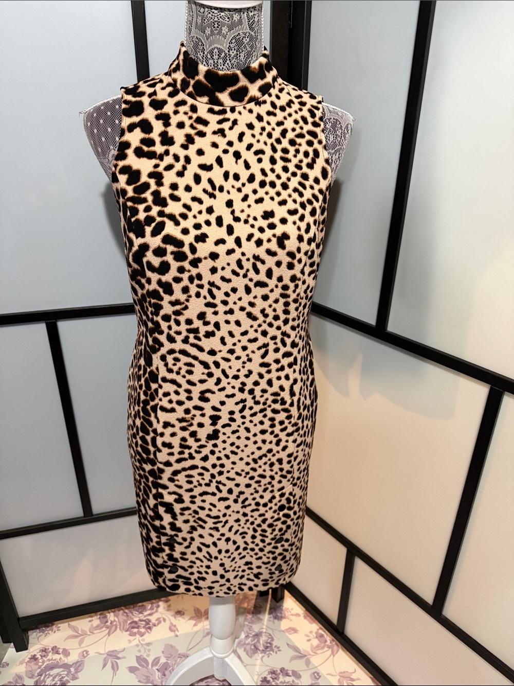 Apt. 9 Sleeveless Leopard-Print Mock Neck Dress in Beige and Black with pockets